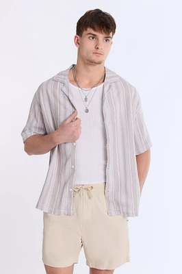 Linen-Blend Textured Striped Short Sleeve Shirt