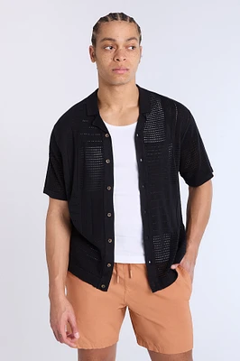 Cotton-Blend Button-Up Short Sleeve Eyelet Knit Shirt