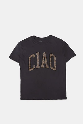 Ciao Leopard Embroidered Graphic Boyfriend Tee
