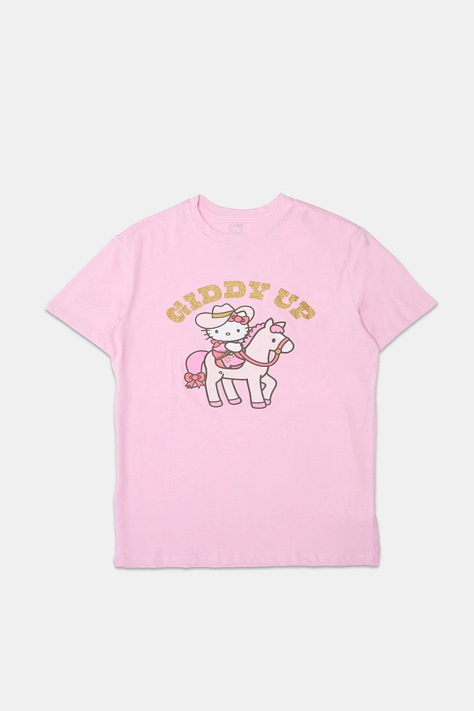 Hello Kitty Giddy Up Graphic Glitter Boyfriend Tee