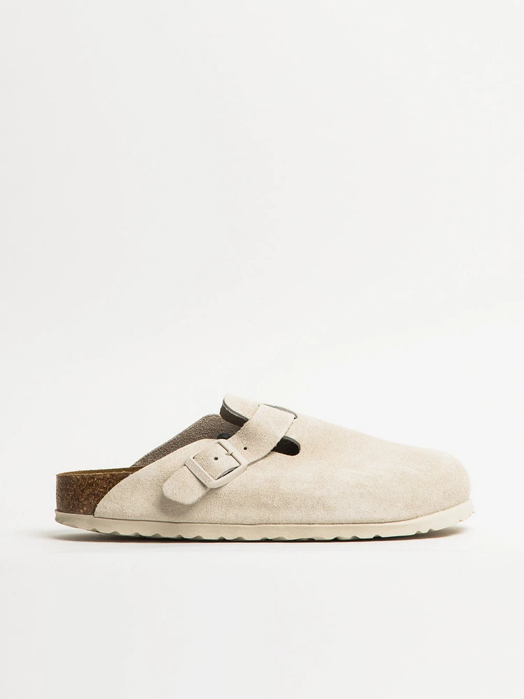 WOMENS BIRKENSTOCK BOSTON SUEDE SOFT FOOTBED SANDALS CLOGS - ANTIQUE WHITE