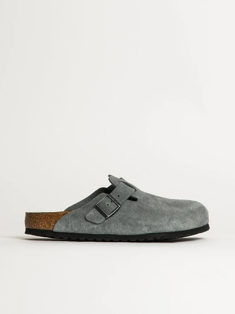 MENS BIRKENSTOCK BOSTON SOFT FOOTBED SUEDE SANDALS - REGULAR BASALT GREY