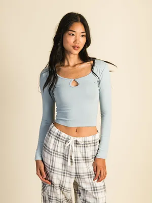 HARLOW PENNY KEYHOLE LONG SLEEVE TEE - LIGHT BLUE CLEARANCE