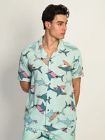 ISLAND HAZE SURFING SHARK SHORT SLEEVE WOVEN SHIRT - AQUA