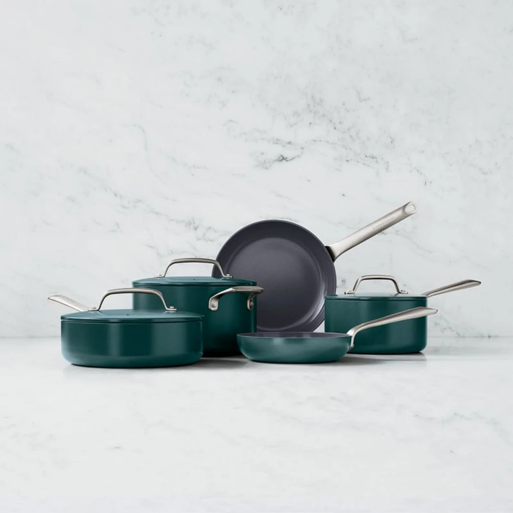 Crate & Barrel EvenCook Ceramic ™ Deep Teal Ceramic Nonstick 8-Piece Cookware Set with Bonus
