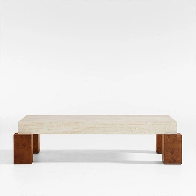 Dualité Travertine and Burl Wood Block Leg 53" Coffee Table by Athena Calderone