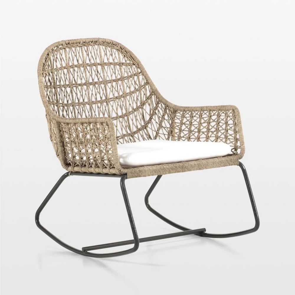 Abie Natural Beige Wicker Outdoor Rocking Chair with White Cushion