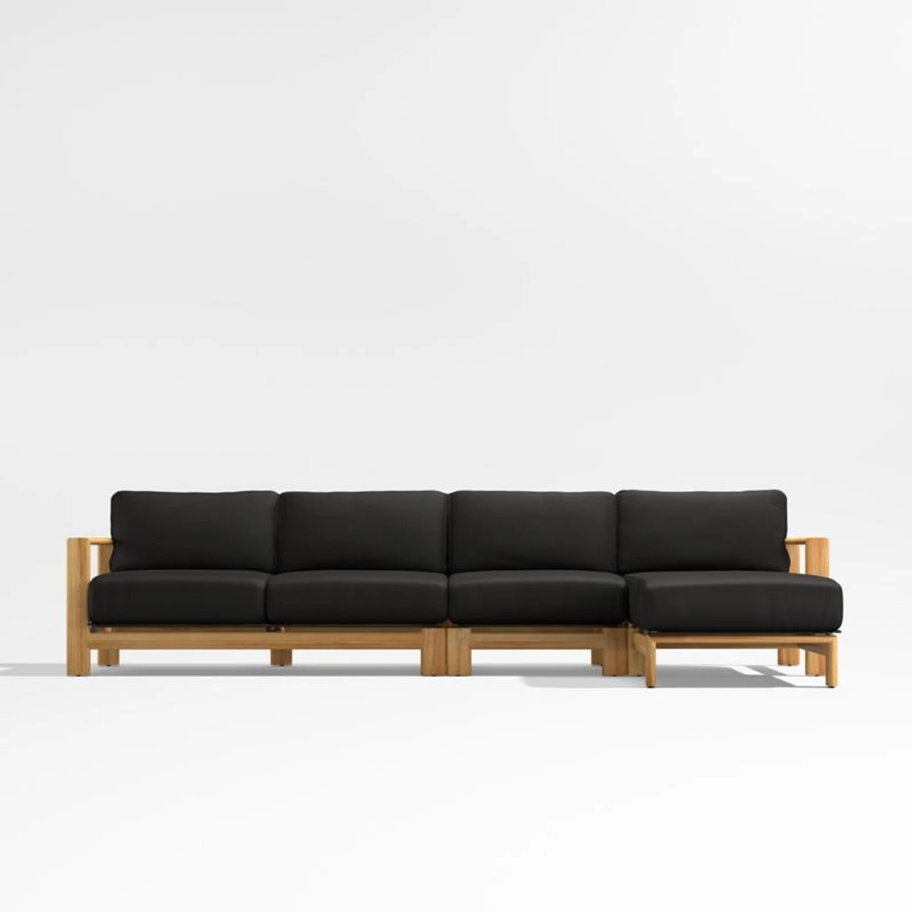 Anguilla Teak -Piece Right-Arm Chaise Outdoor Sectional Sofa with Black Cushions
