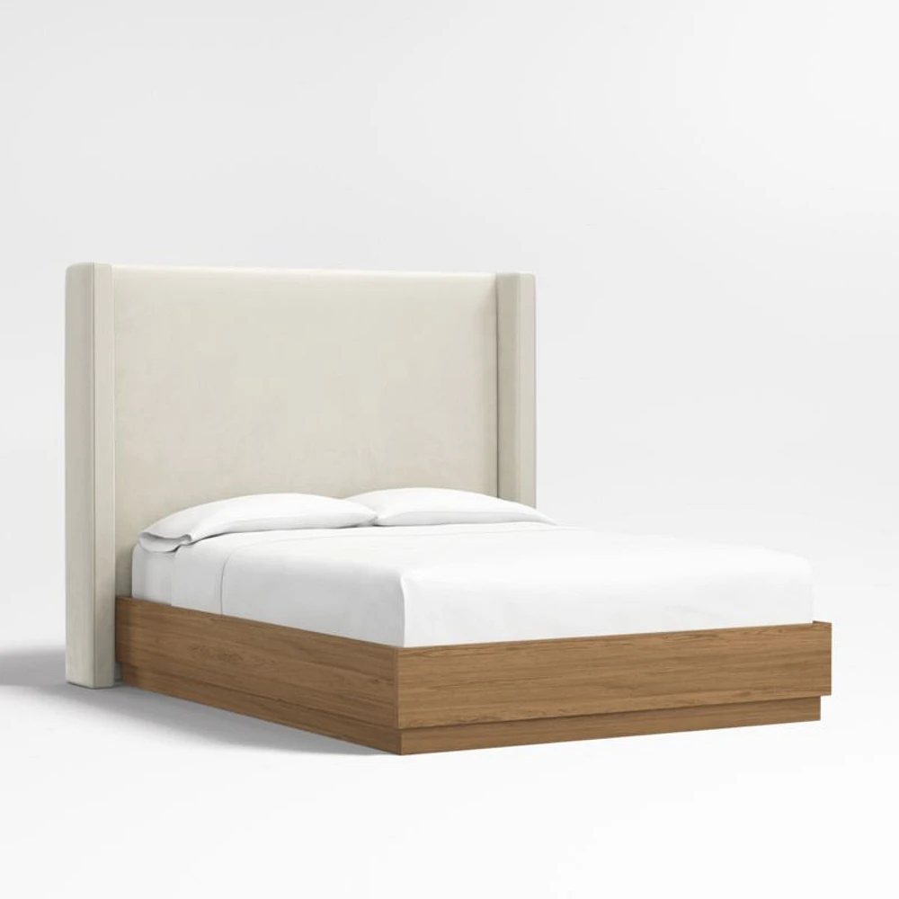 Arden 60" Beige Upholstered Queen Headboard with Batten Brown Oak Bed Base