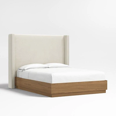 Arden 60" Beige Upholstered Queen Headboard with Batten Brown Oak Bed Base