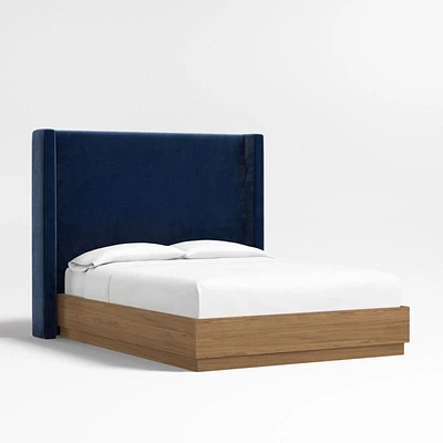 Arden 60" Navy Queen Upholstered Headboard with Batten Brown Oak Bed Base