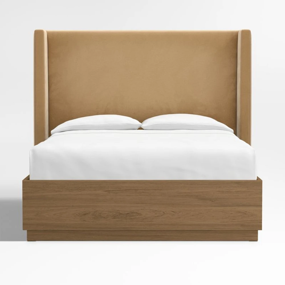 Arden 60" Camel Brown Upholstered King Headboard with Batten Brown Oak Storage Bed Base