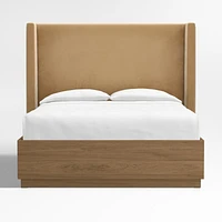 Arden 60" Camel Brown Upholstered King Headboard with Batten Brown Oak Storage Bed Base