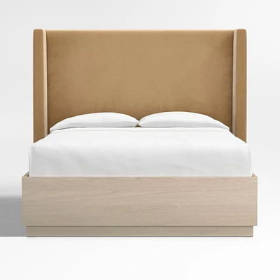 Arden 60" Camel Brown Upholstered Queen Headboard with Batten White Oak Storage Bed Base
