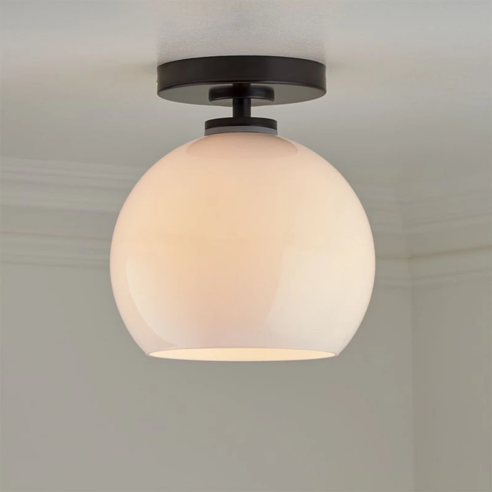 Arren Black Flush Mount Light with Milk Round Shade 8"