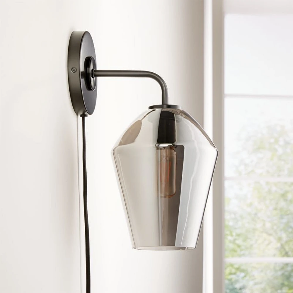 Arren Black Plug In Wall Sconce Light with Silver Angled Shade