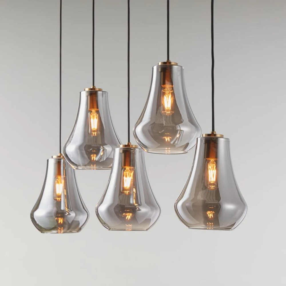 Arren Brass 5-Light Linear Pendant with Teardrop Silver Glass Shades