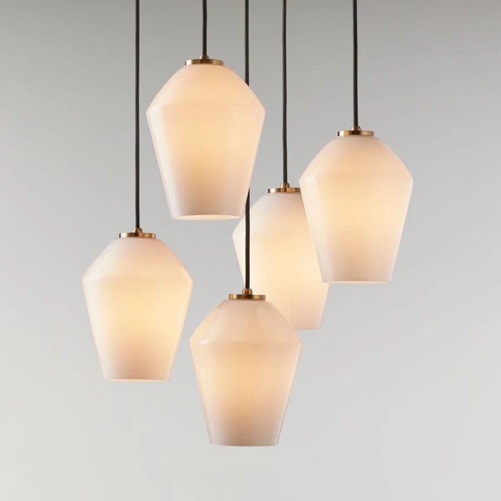 Arren Brass 5-Light Round Pendant with Angled Milk Glass Shades 18"