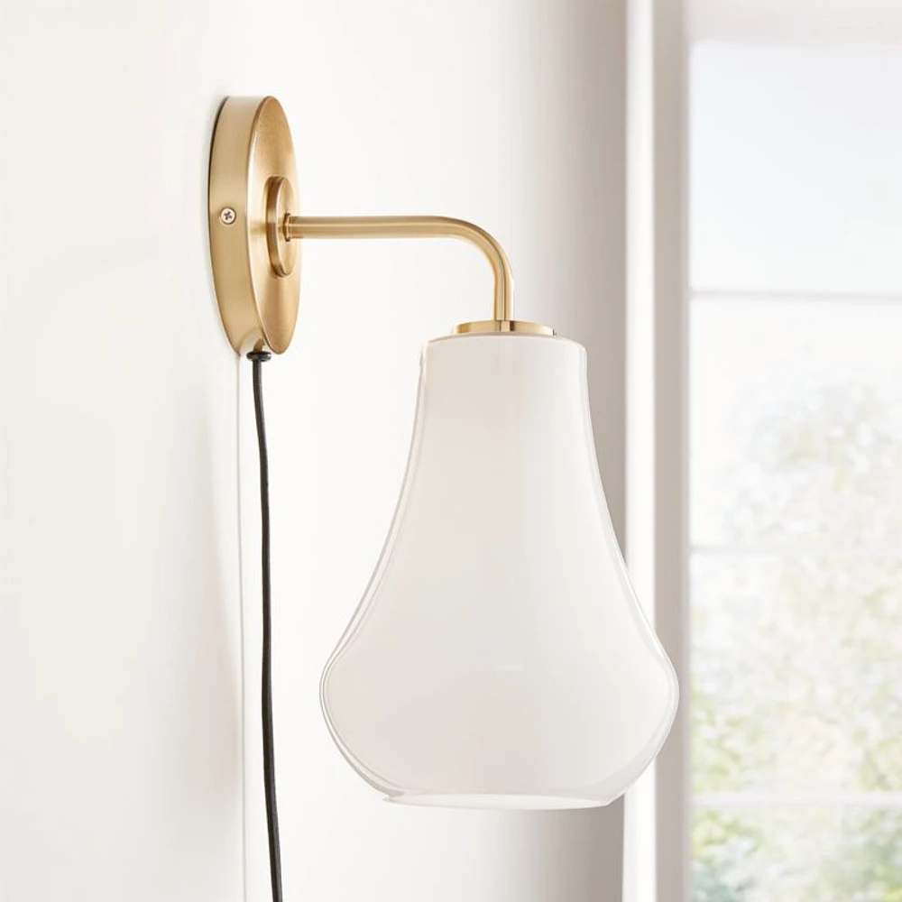 Arren Brass Plug In Wall Sconce Light with Milk Teardrop Shade