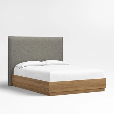 Arvada 54" Dark Grey Upholstered Queen Headboard with Batten Brown Oak Bed Base