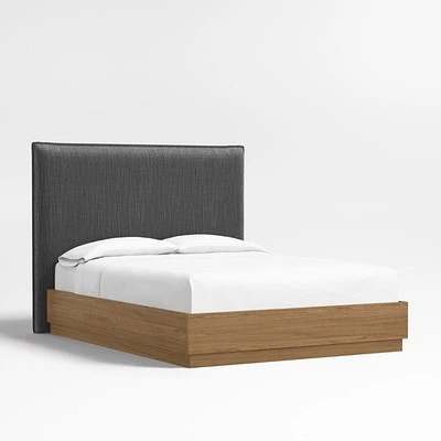 Arvada 54" Charcoal Grey Queen Upholstered Headboard with Batten Brown Oak Bed Base