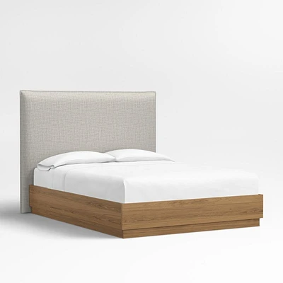 Arvada 54" Mist Grey Upholstered Queen Headboard with Batten Brown Oak Bed Base
