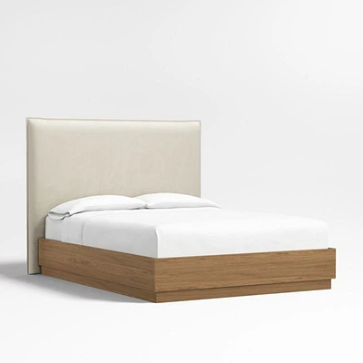 Arvada 54" Beige Upholstered Queen Headboard with Batten Brown Oak Bed Base