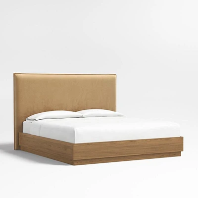 Arvada 54" Brown Upholstered King Headboard with Batten Brown Oak Bed Base