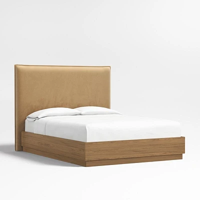 Arvada 54" Camel Brown Upholstered Queen Headboard with Batten Brown Oak Bed Base
