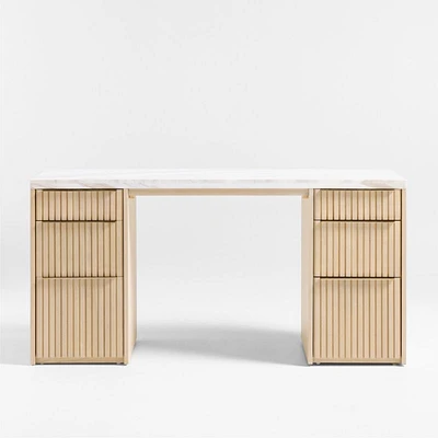 Batten 61.5" Natural Oak Wood Console Desk with White Marble Top