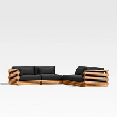 Batten Natural Teak -Piece L-Shaped Outdoor Sectional Sofa with Corner Coffee Table & Canvas Black Sunbrella ® Cushions
