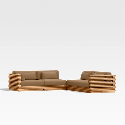 Batten Natural Teak -Piece L-Shaped Outdoor Sectional Sofa with Corner Coffee Table & Cast Teak Brown Sunbrella ® Cushions