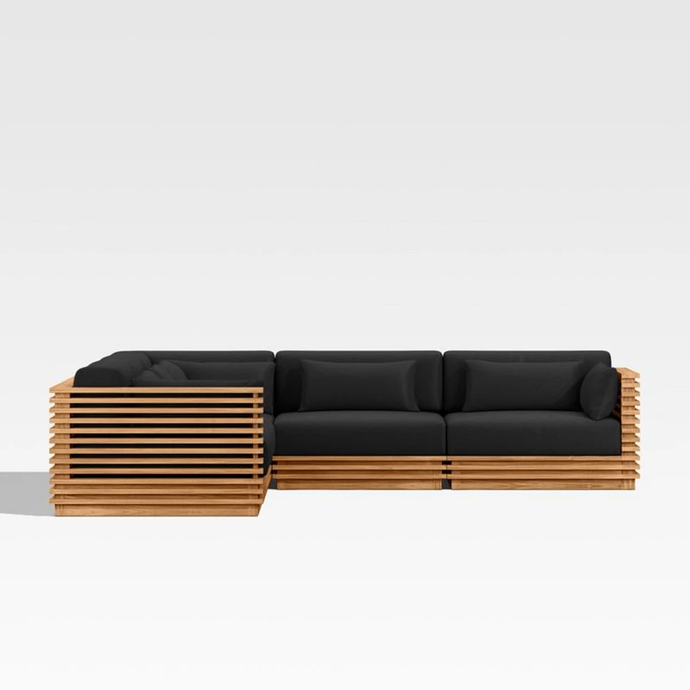 Batten Natural Teak -Piece L-Shaped Outdoor Sectional Sofa with Canvas Black Sunbrella ® Cushions