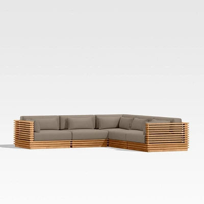 Batten Natural Teak 5-Piece L-Shaped Outdoor Sectional Sofa with Cast Shale Brown Sunbrella ® Cushions