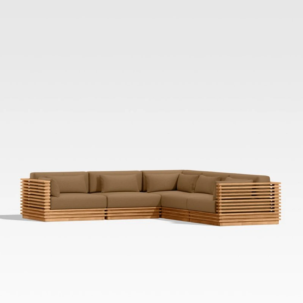 Batten Natural Teak -Piece L-Shaped Outdoor Sectional Sofa with Cast Teak Brown Sunbrella ® Cushions