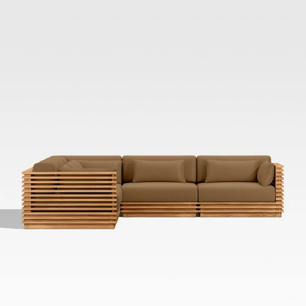 Batten Natural Teak -Piece L-Shaped Outdoor Sectional Sofa with Cast Teak Brown Sunbrella ® Cushions