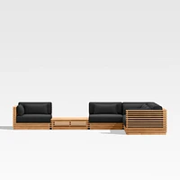 Batten Natural Teak 6-Piece L-Shaped Outdoor Sectional Sofa with Side Coffee Table & Canvas Sunbrella ® Cushions