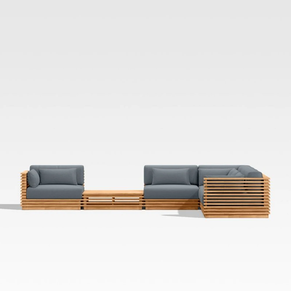 Batten Natural Teak 6-Piece L-Shaped Outdoor Sectional Sofa with Side Coffee Table & Canvas Haze Blue Sunbrella ® Cushions