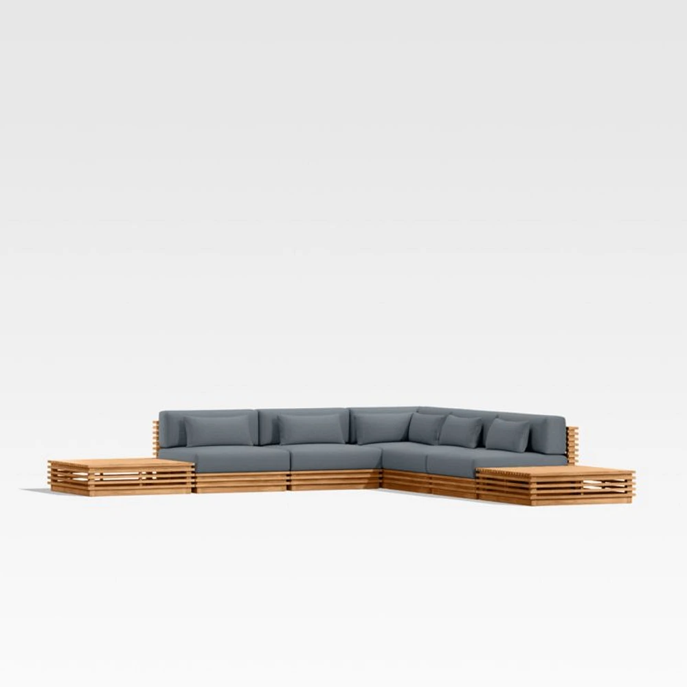 Batten Natural Teak 7-Piece L-Shaped Outdoor Sectional Sofa with Side Coffee Tables & Canvas Haze Blue Sunbrella ® Cushions