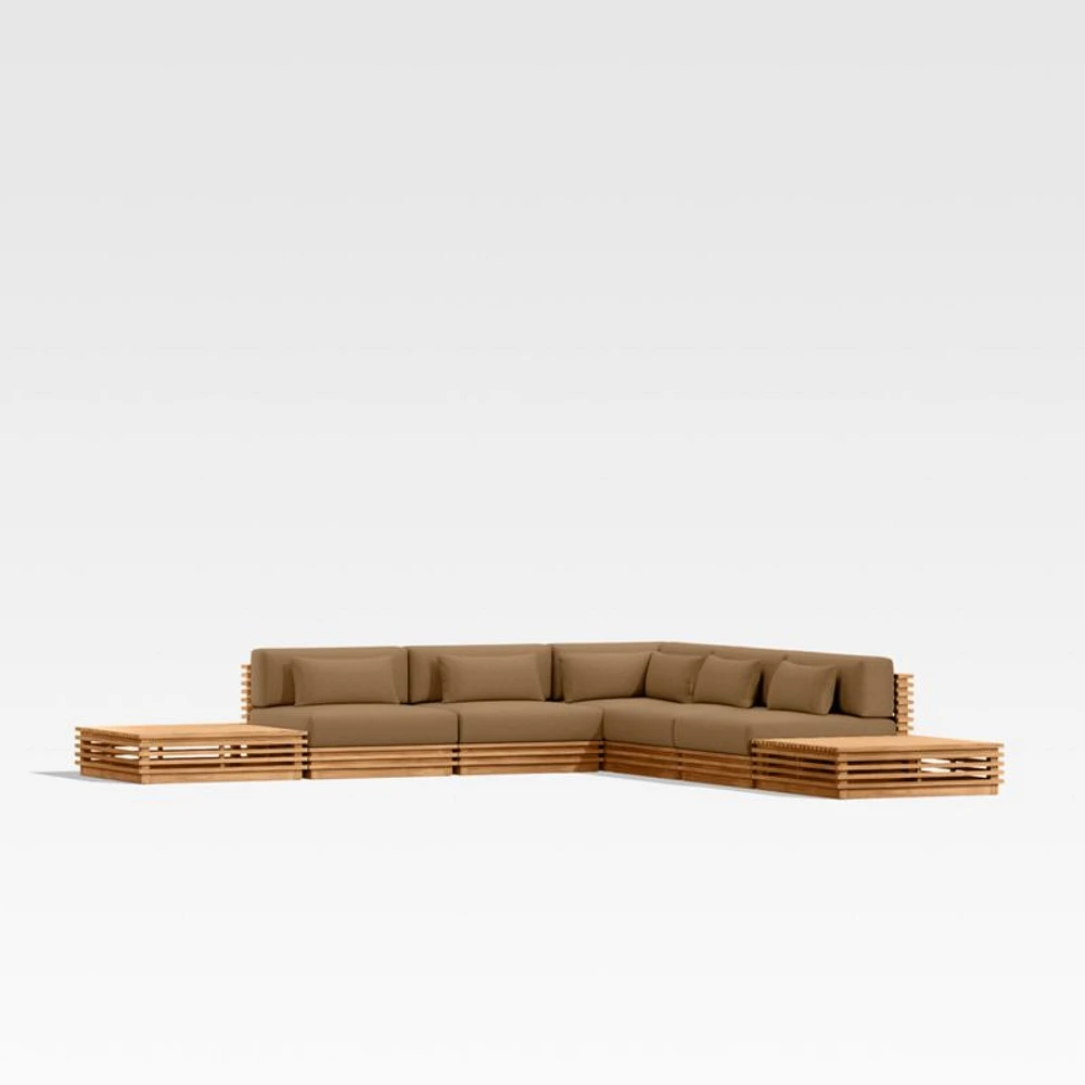 Batten Natural Teak 7-Piece L-Shaped Outdoor Sectional Sofa with Side Coffee Tables & Cast Teak Brown Sunbrella ® Cushions