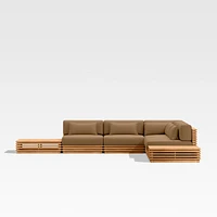 Batten Natural Teak 7-Piece L-Shaped Outdoor Sectional Sofa with Side Coffee Tables & Cast Teak Brown Sunbrella ® Cushions