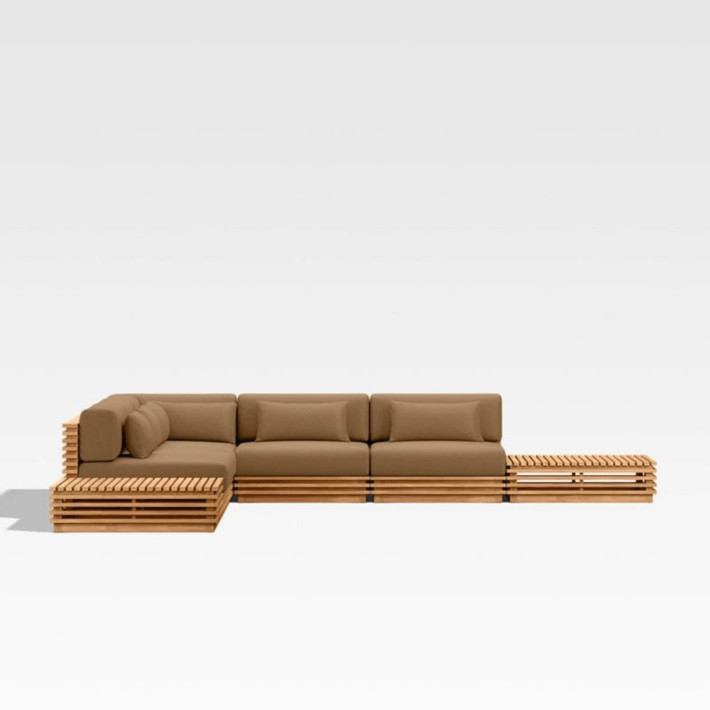 Batten Natural Teak 7-Piece L-Shaped Outdoor Sectional Sofa with Side Coffee Tables & Cast Teak Brown Sunbrella ® Cushions
