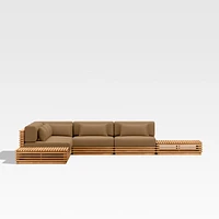 Batten Natural Teak 7-Piece L-Shaped Outdoor Sectional Sofa with Side Coffee Tables & Cast Teak Brown Sunbrella ® Cushions