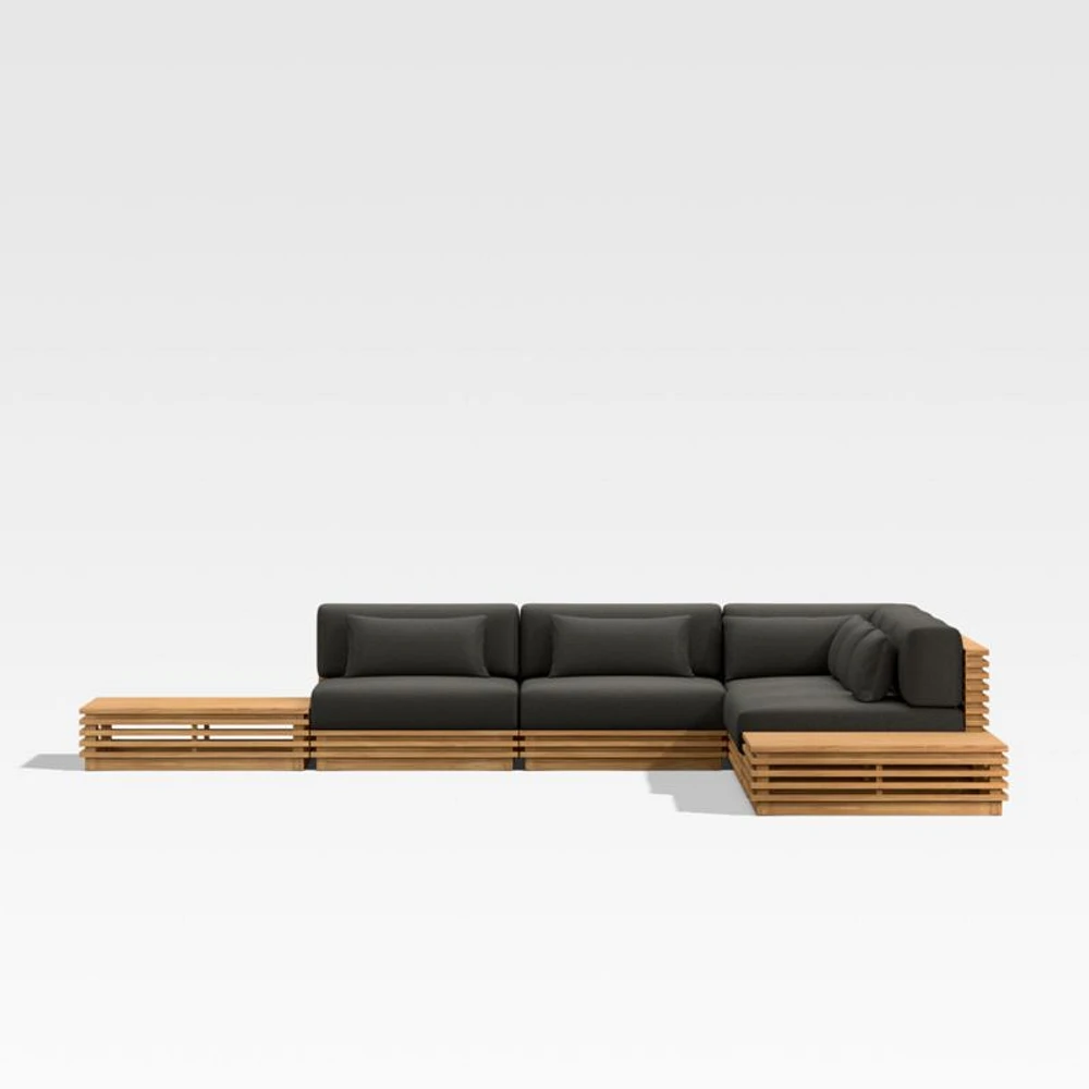 Batten Natural Teak 7-Piece L-Shaped Outdoor Sectional Sofa with Side Coffee Tables & Charcoal Cushions