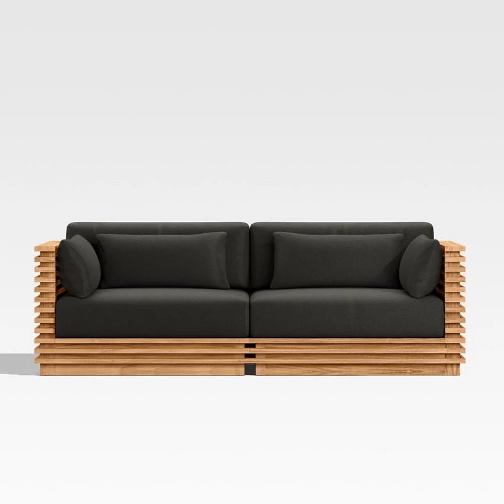 Batten 83" Natural Teak Outdoor Loveseat with Charcoal Cushions