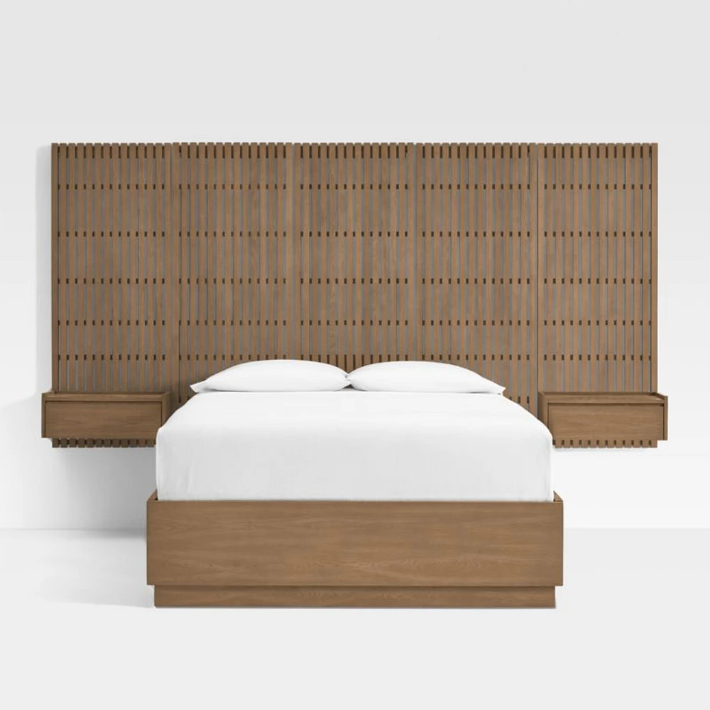 Batten Brown Oak Queen Plinth-Base Storage Bed, Panels and Nightstands