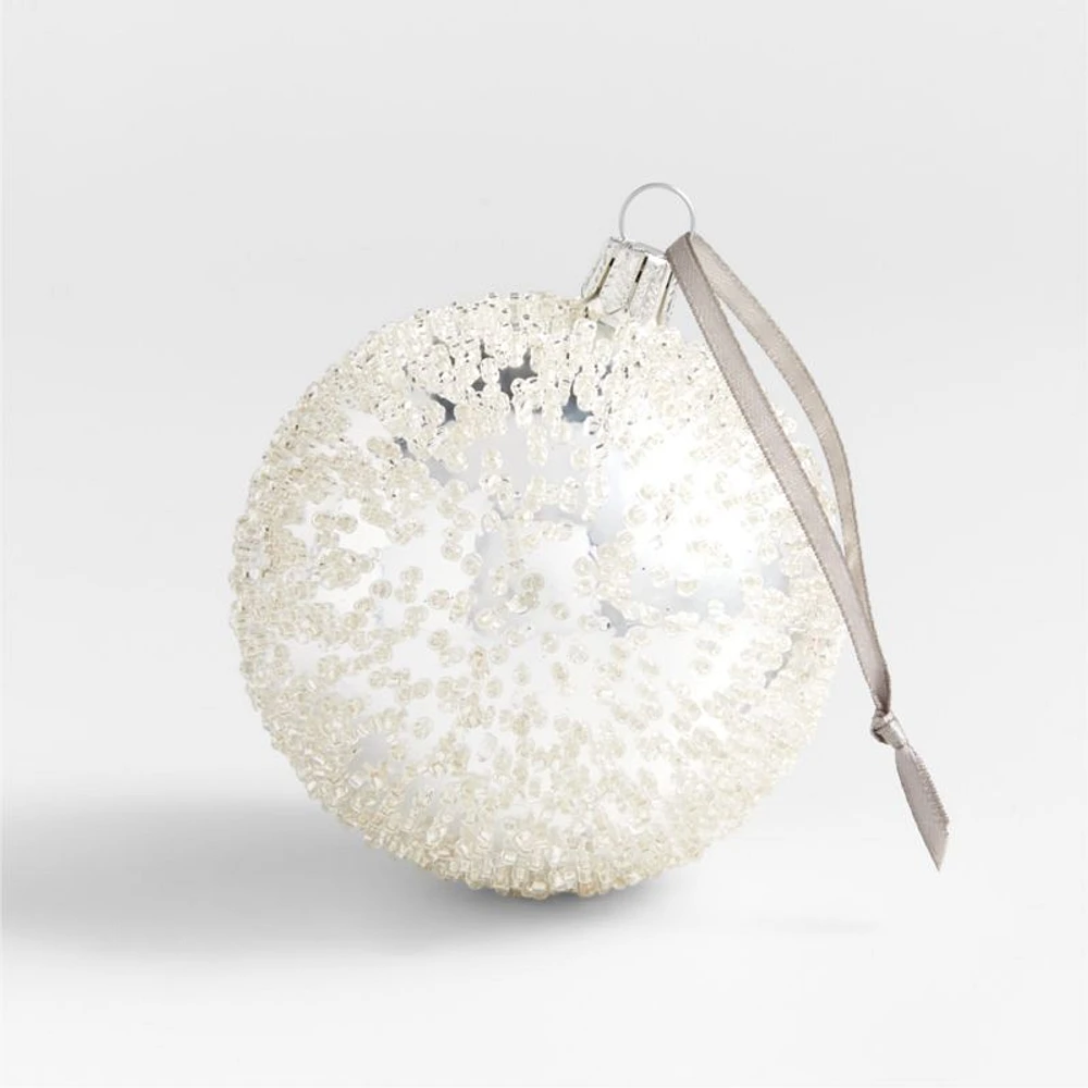 Handmade Beaded Silver Glass Ball Christmas Tree Ornament, Set of 4