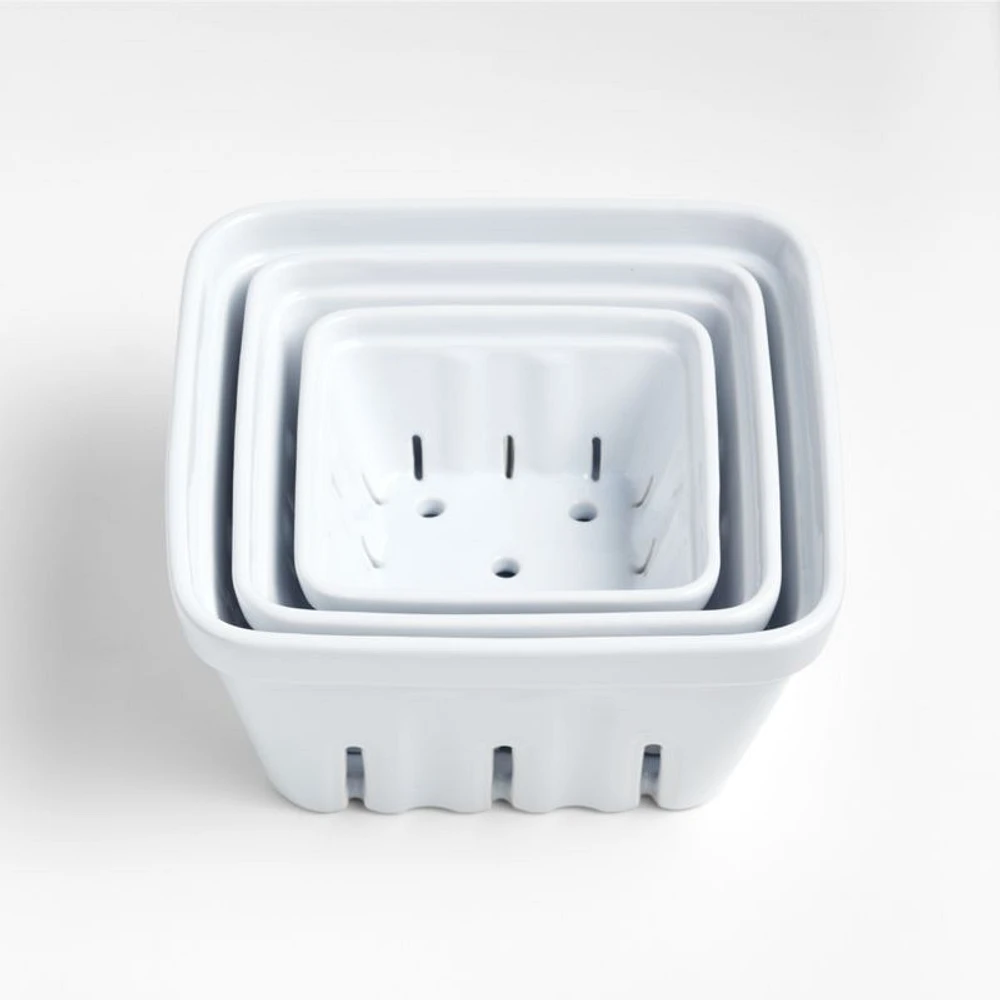 White Stoneware Berry Box Colanders, Set of 3