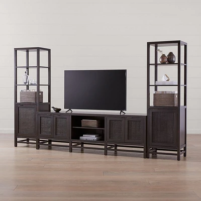 Blake 85" Dark Brown Teak and Rattan Storage Media Console with 2 Tall Cabinets