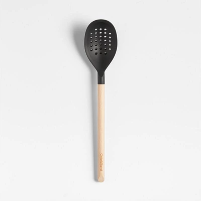 Crate & Barrel Black Silicone and Wood Deep Slotted Spoon